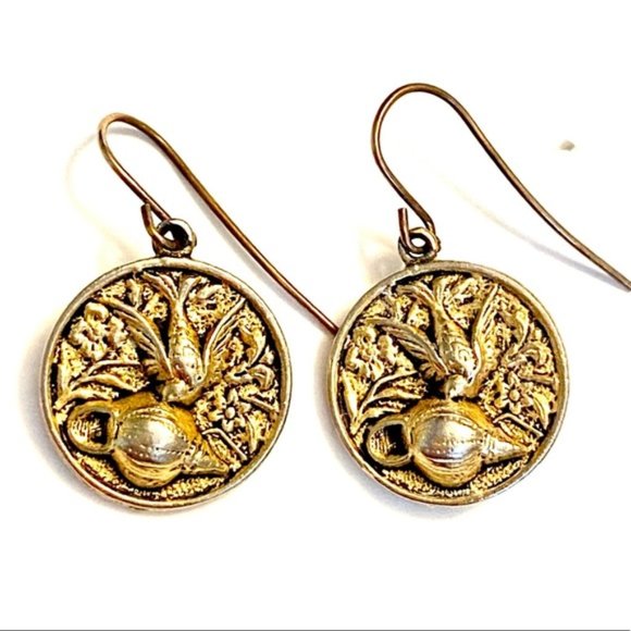 Vintage Bird Dove Sea Shell Seashell Greek Roman Gold Coin Medallion Earrings - Picture 1 of 3